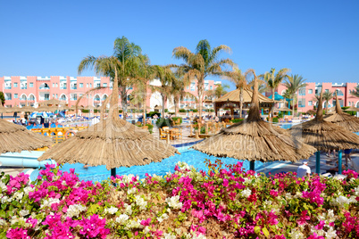 the view on swimming pool at luxury hotel (flowers are in focus)