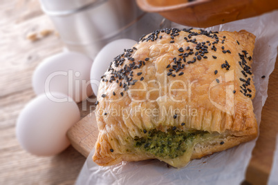 puff pastry with spinach filling and black cumin