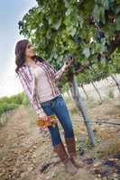 Young Female Farmer Inspecting the Grapes in Vineyard