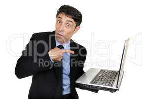 Business man pointing to his laptop