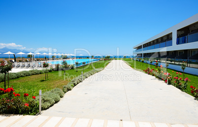 building and swimming pool at modern luxury hotel, peloponnes, g