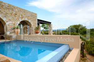 swimming pool by luxury sea view villa, peloponnes, greece