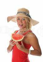 Blonde Frau trinkt Melonensaft