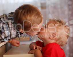 cute siblings. two little brothers are kissing.