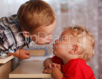 cute siblings. two little brothers are kissing.