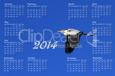 2014 english calendar with heron in flight
