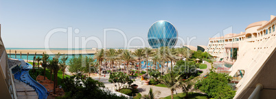 The panorama of luxury hotel and circular building, Abu Dhabi, U