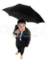 Morose businessman eyeing the weather