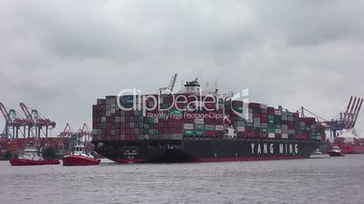 Hafenschlepper mit Containerschiff