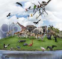 A Collage Of Wild Animals And Birds