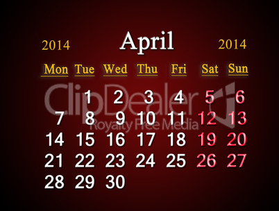calendar for the april of 2014