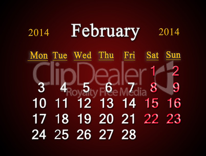 calendar for the february of 2014