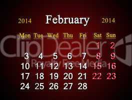 calendar for the february of 2014