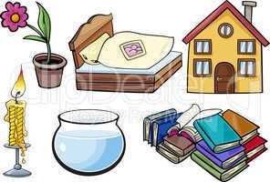 household objects cartoon illustration set