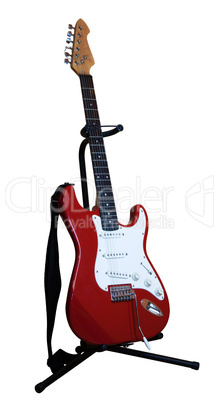 red electric guitar on a stand