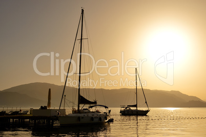 the sunrise and view on yachts harbor, marmaris, turkey