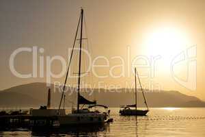 the sunrise and view on yachts harbor, marmaris, turkey