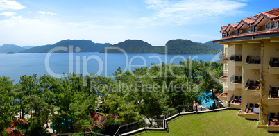 panorama of the beach on turkish resort, marmaris, turkey