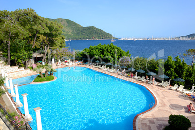 the swimming pool and view on yachts harbor, marmaris, turkey