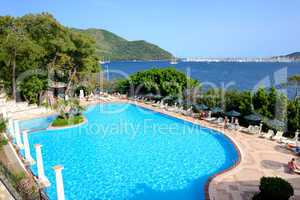the swimming pool and view on yachts harbor, marmaris, turkey