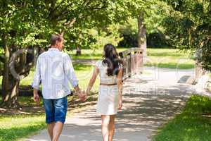 Rear view of walking couple in park