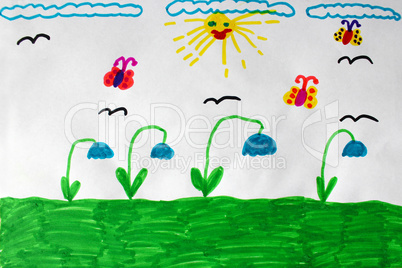 Children's drawing with butterflies and flowers
