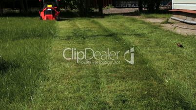 Garden worker cutting overgrown grass with lawn mower weeding machine