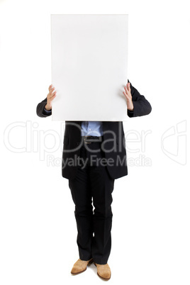 Businessman holding up a blank sign