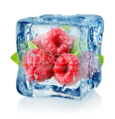 Ice cube and raspberries