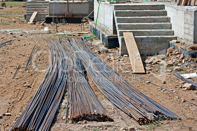 Steel concrete reinforcing rods on building site