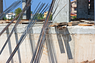 Concrete reinforcing rods on building site