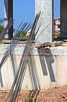 Concrete reinforcing rods on building site