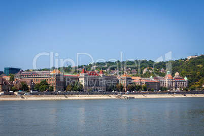 Historical buildings on shore side of Danube river in Budapest