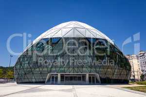 cet budapest modern whale shaped building on the bank of danube