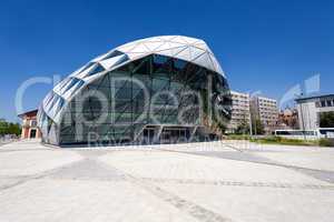 cet budapest modern whale shaped building on the bank of danube