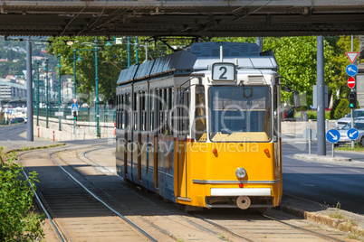 yellow tram under elisabeth bridge in budapest