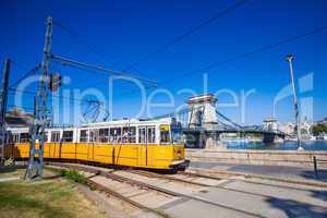 yellow tram on the river bank of danube in budapest