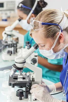 Female Scientist Research Team Using Microscopes in Laboratory