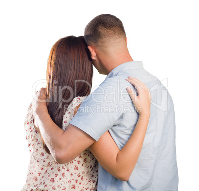 Military Couple From Behind Hugging Looking Away on White