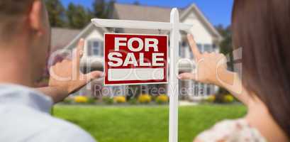 For Sale Sign, House and Military Couple Framing Hands