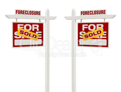 Two Foreclosure Sold For Sale Real Estate Signs, Clipping Path