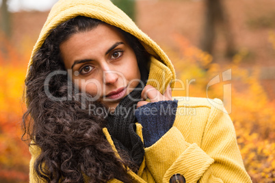 Cozy fall background woman hood feel chilly