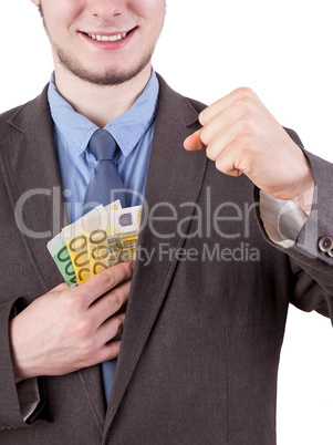 Young man puts his bills is pleased Jacket