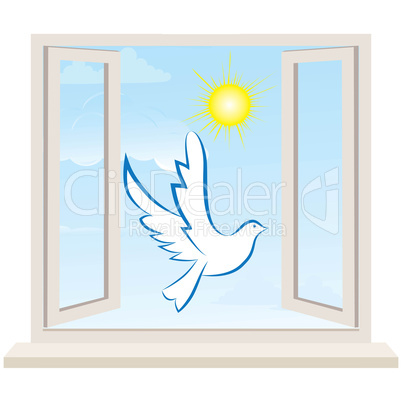 open window against a white wall and the cloudy sky. vector