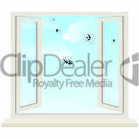 open window against a white wall and the cloudy sky. vector