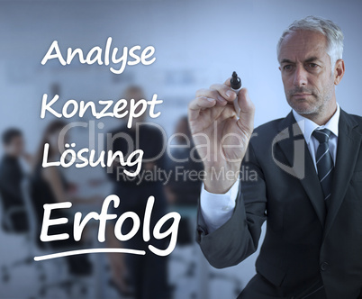 Elegant businessman writing marketing terms in german