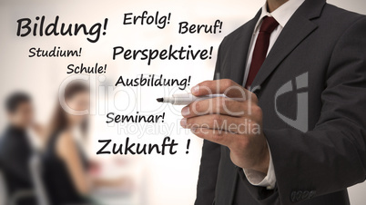 Businessman writing several words on success in german