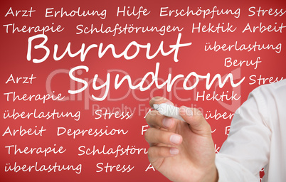 Hand writing different german words about burnout syndrome