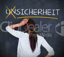 Woman looking at a chalkboard with sicherheit on it