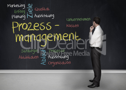 Businessman standing in front of a chalkboard